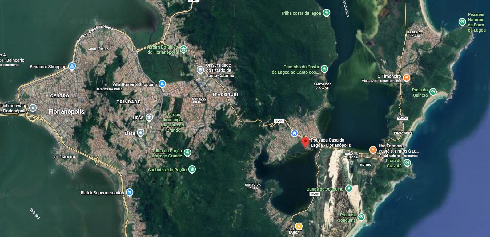 Boa localização da Pousada Casa da Lagoa em Florianópolis